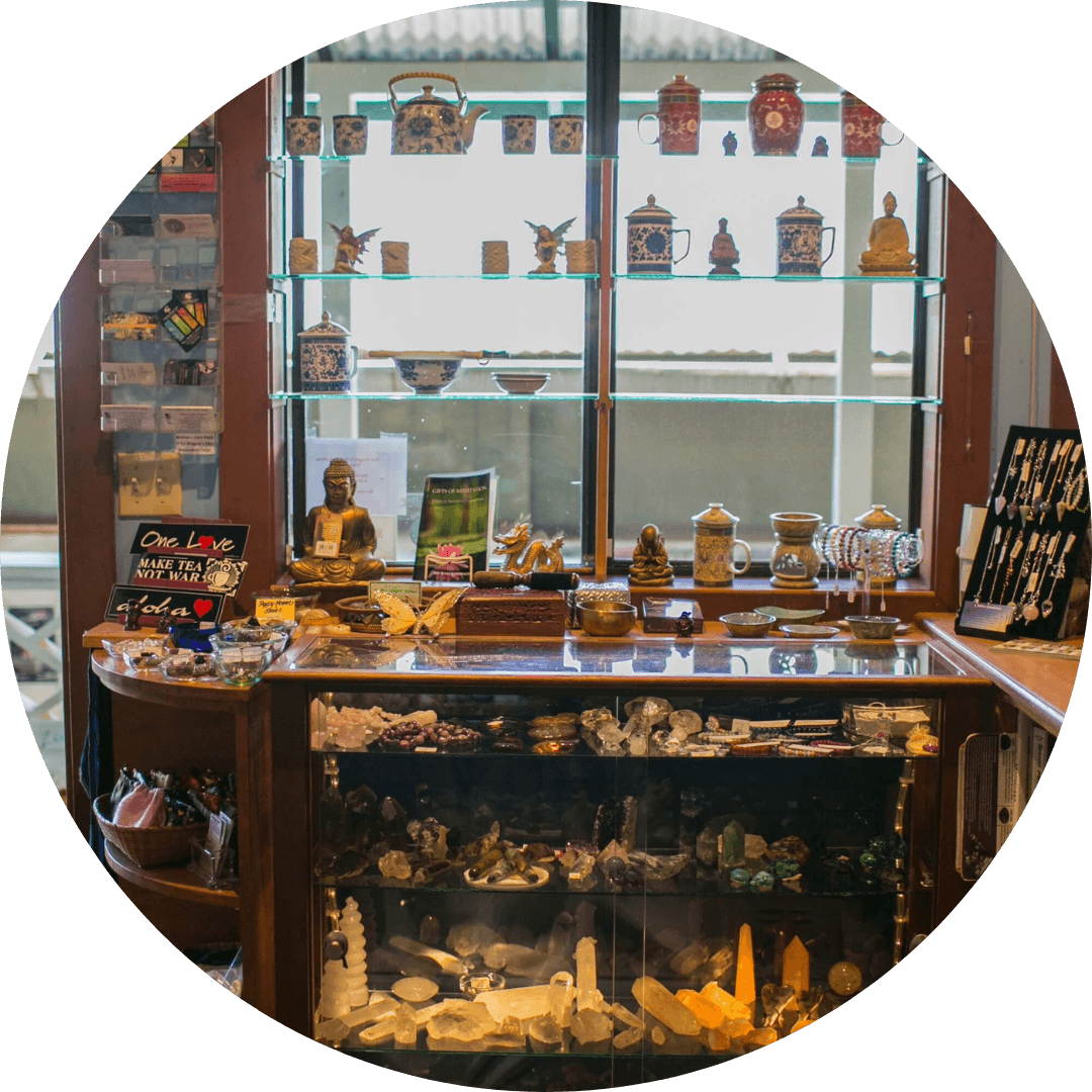 corner in the store displaying gems, pendulums and tokens