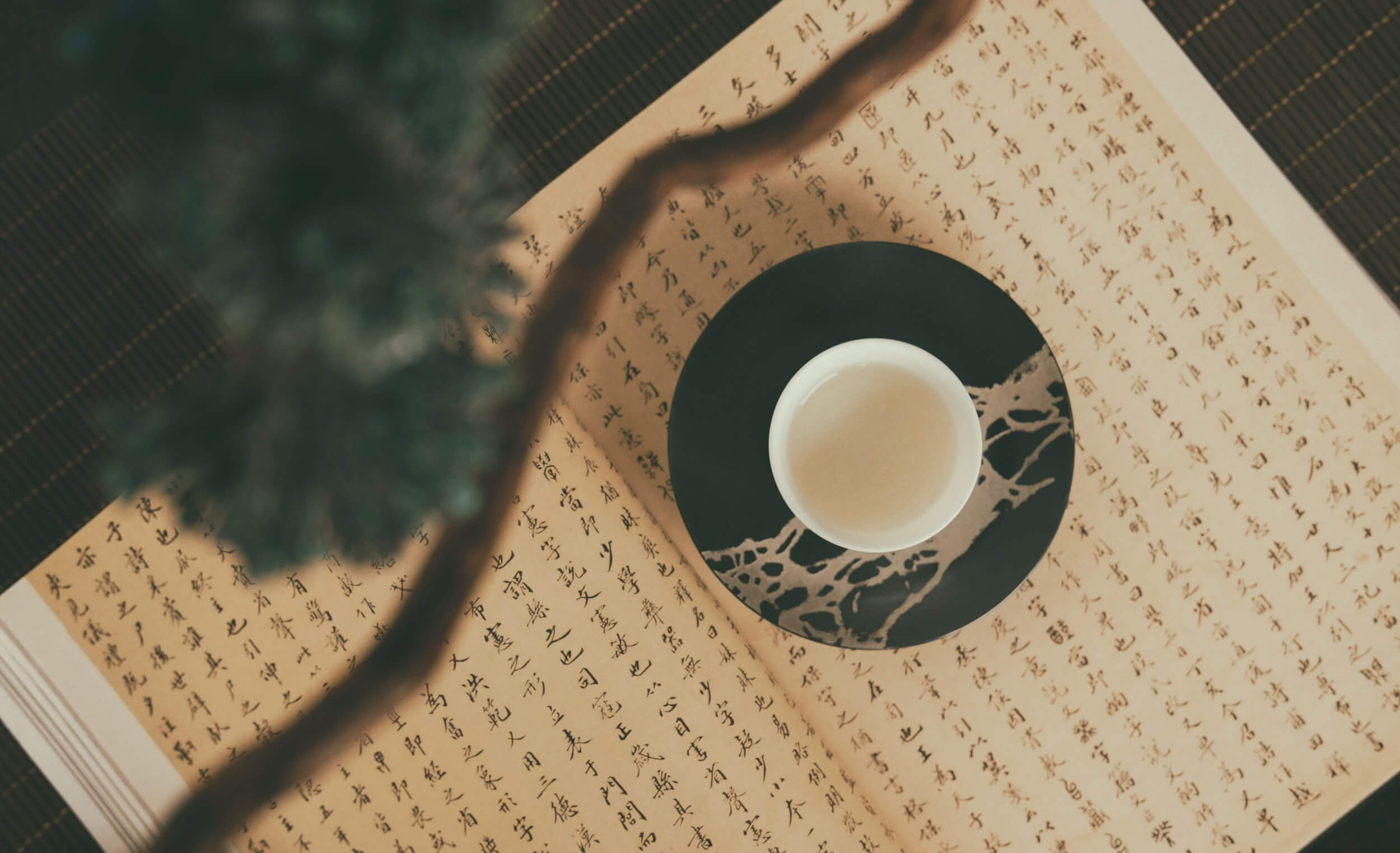 a cup of tea placed on top of a chinese script