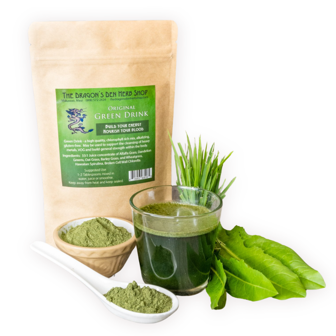 green drink powder shown with a prepared green drink in a glass